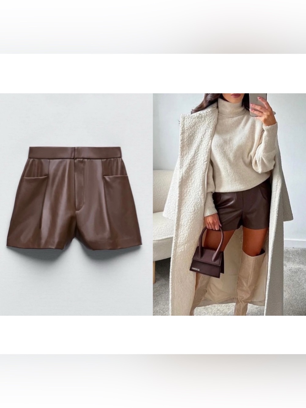 Zara Brown Faux Leather Shorts trendy Great Condition High Rise Chic
